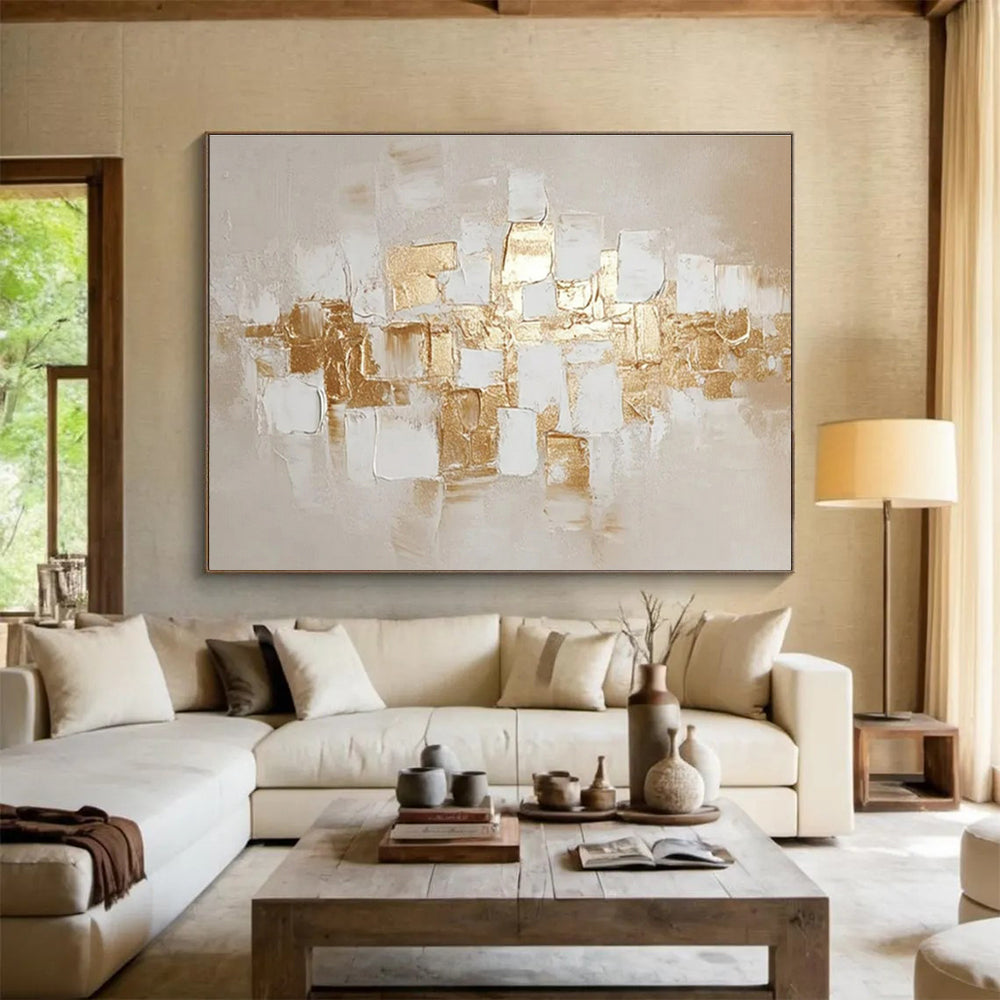 Gaint Canvas Art Gold and White Textured Abstract Geometric Art HPS352