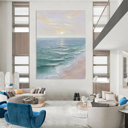 Large Contemporary Wall Art Blue, Beige, and White Coastal Sunset Abstract Painting DPS455