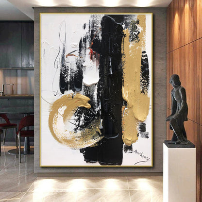 Large Size Black Gold White Abstract Expressionist Acrylic Painting PT474