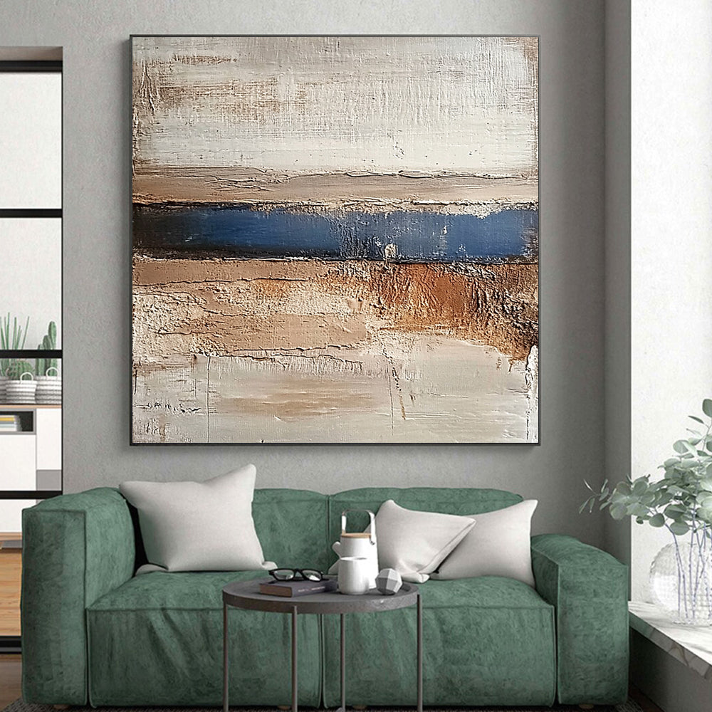 Modern Large Abstract Canvas Painting With Beige, Blue, Brown Textured Layers On Canvas PT193
