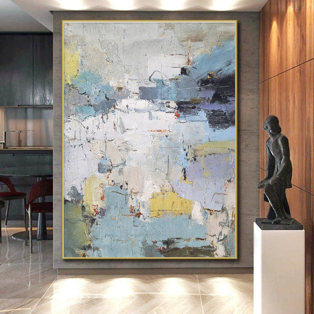 Acrylic Modern Art Paintings in Blue, Grey, Yellow, and White Abstract Urban Textures Painting PT262