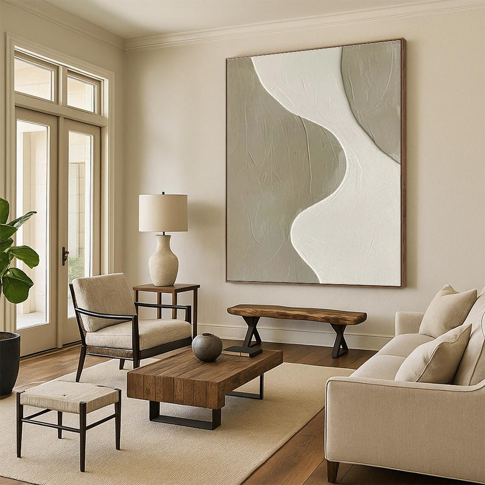 Minimalist Canvas Art Beige and White Curved Abstract Art PT812