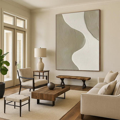 Minimalist Canvas Art Beige and White Curved Abstract Art PT812