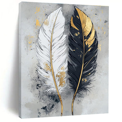 Hand-Painted Black, White & Gold Feather Abstract, Acrylic Modern Art Painting DPS499