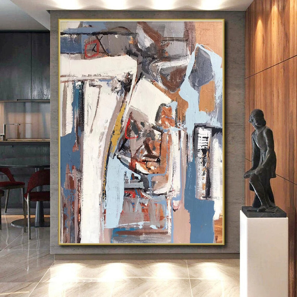 Unique Abstract Art with Blue, Gray, White, and Brown Geometric Abstract Shapes, Large Contemporary Wall Art PT215