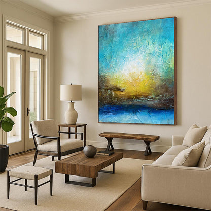 Cool Abstract Paintings with Turquoise, Yellow, and Blue, Hand-Painted Modern Art PT290