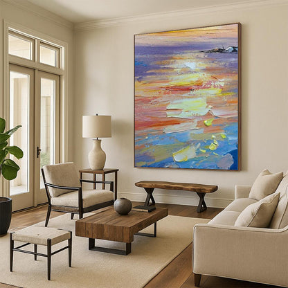 Large Painting In Living Room with Vibrant Sunset Hues (Orange, Yellow, Blue) PT017