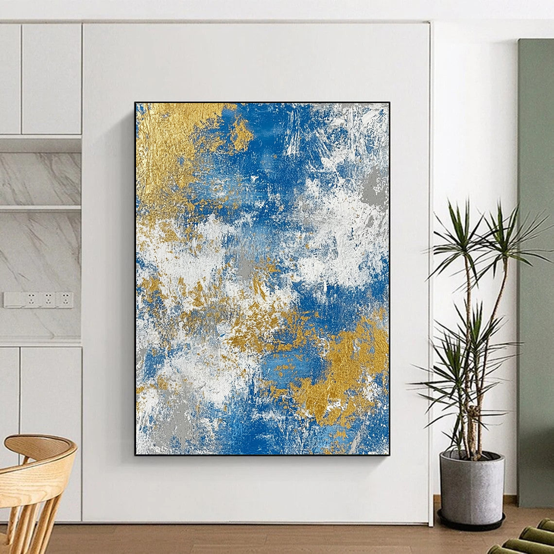 Oversized Abstract Wall Art Blue, Gold & Gray Textured Abstract Painting On Canvas PT118