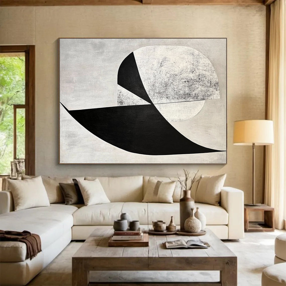 Custom Large Abstract Art For Living Room With Black, White, Gray Geometric Abstraction On Canvas PT189