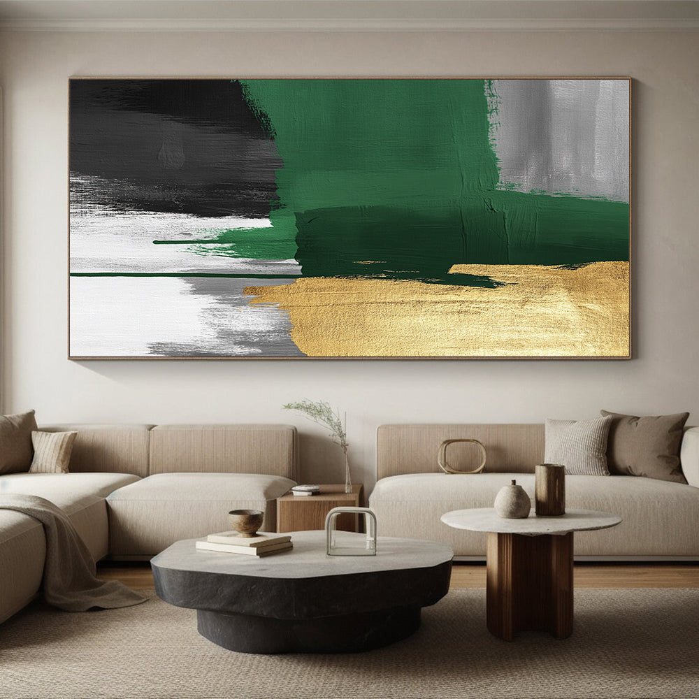 Original Large Abstract Paintings For Sale With Green, Gold, Gray, Black Textured Brushstrokes On Canvas PT197