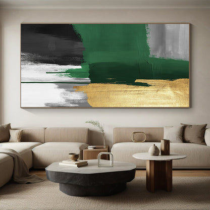 Original Large Abstract Paintings For Sale With Green, Gold, Gray, Black Textured Brushstrokes On Canvas PT197