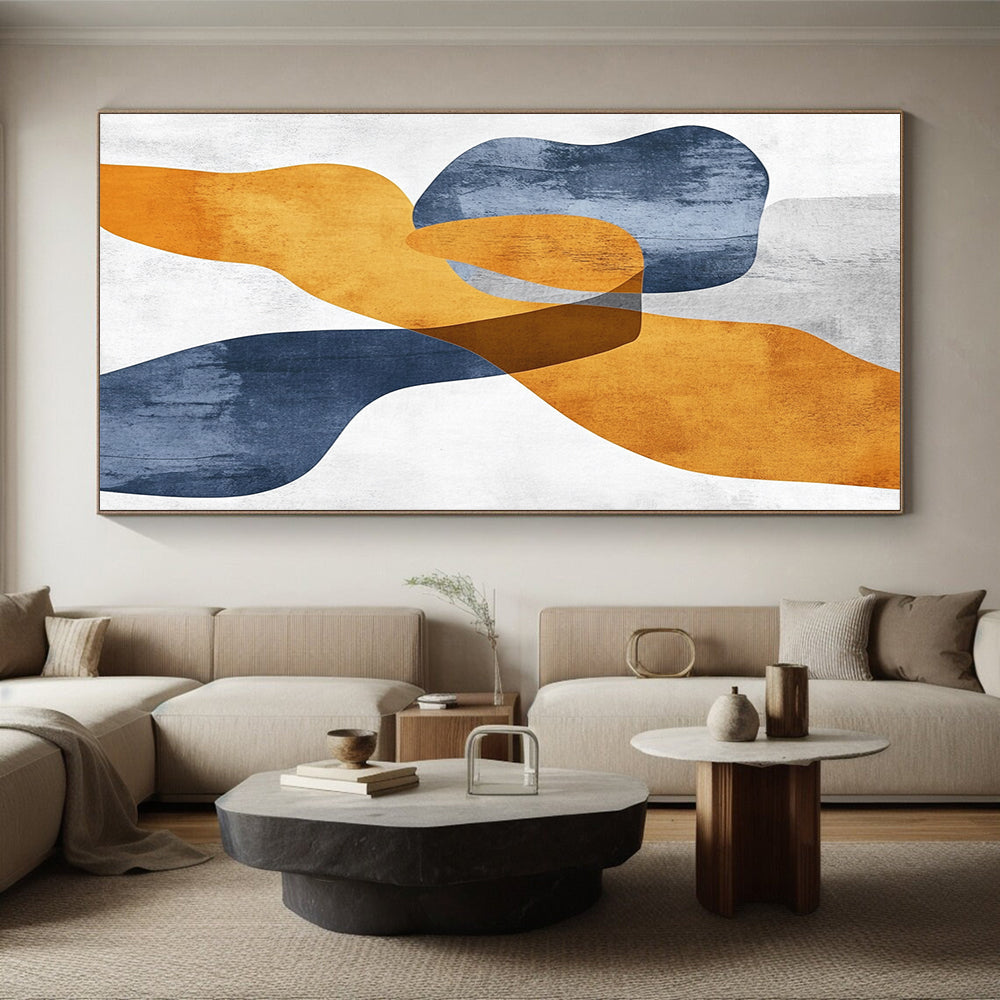 Handmade Art Orange, Blue & Gray Geometric Abstract Painting On Canvas PT124