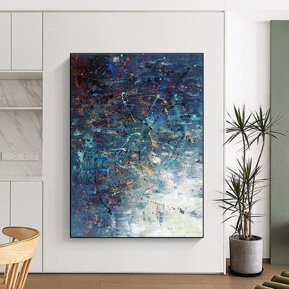 Acrylic Modern Art Paintings in Navy, Teal, Orange, Yellow, and Pink Abstract Splatters and Lines PT243