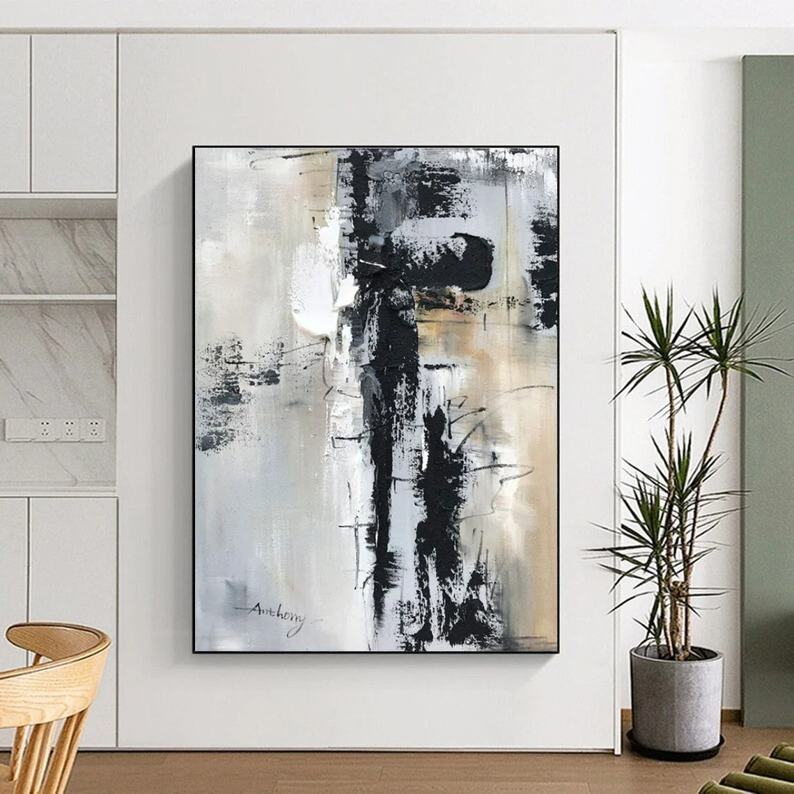 Large Contemporary Wall Art - Black, White & Beige Textured Abstract Art with Dynamic Lines PT587