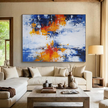 Original Large Abstract Paintings For Sale, Blue White Orange Red Abstract Expressionist Art PT132