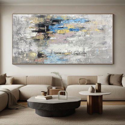Hand Painted Art in Grey, Blue, Yellow, Pink, and Gold Abstract Textural Layers PT244