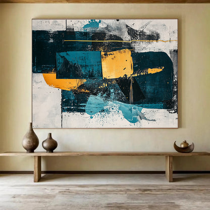 Large Contemporary Wall Art Teal, Yellow, and Black Geometric Abstract Art HPS326