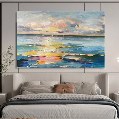 Oversized Abstract Wall Art Colorful Sunset & Sailboats On Sea Abstract On Canvas HPS040