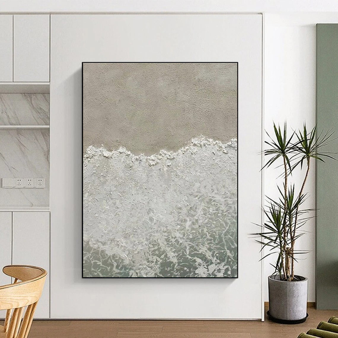 Large Painting In Living Room Gray, White, and Green Textured Abstract Seaside Art DPS480