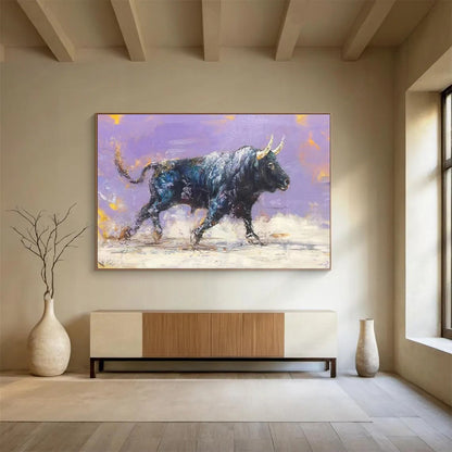 Huge Size Purple, Black, and Gold Abstract Bull Art HPS403