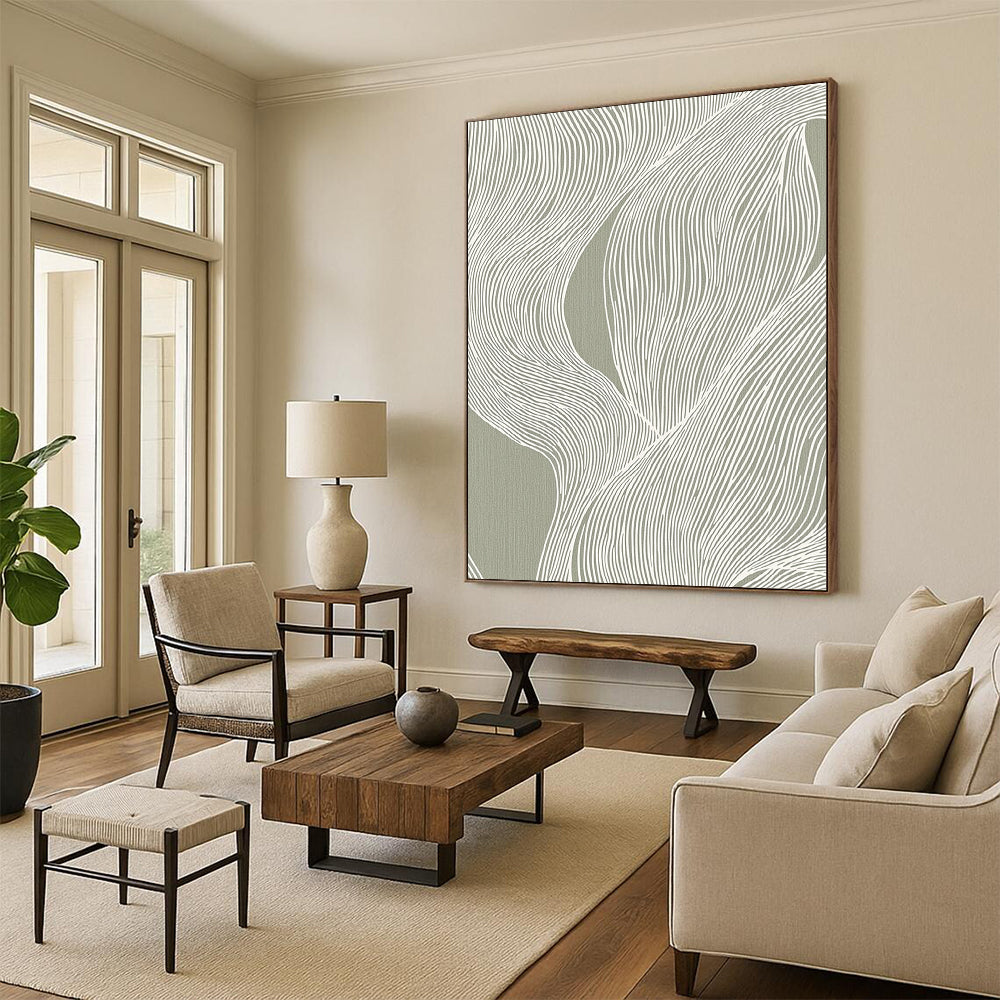 Abstract Canvas Wall Art Large With Gray, White Flowing Line Patterns On Canvas PT192