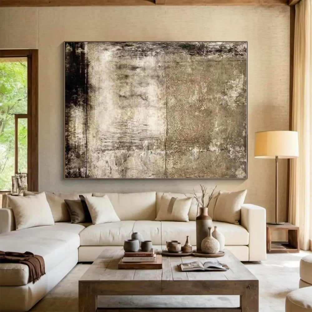 Hand Painted Art Beige Black Textured Abstract Art PT490