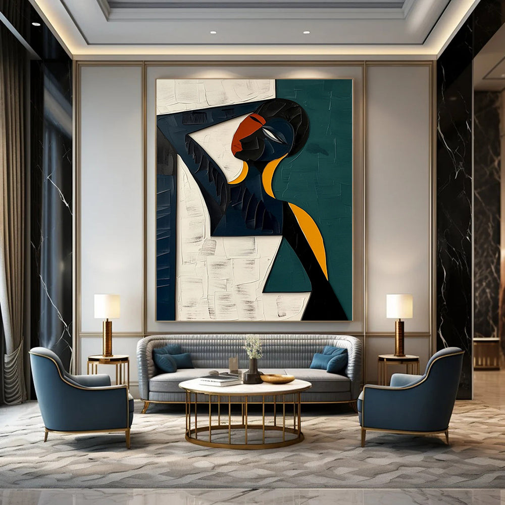 Acrylic Modern Art Paintings Geometric Figure with Teal, Black, White, and Orange Abstract Portrait DPS423