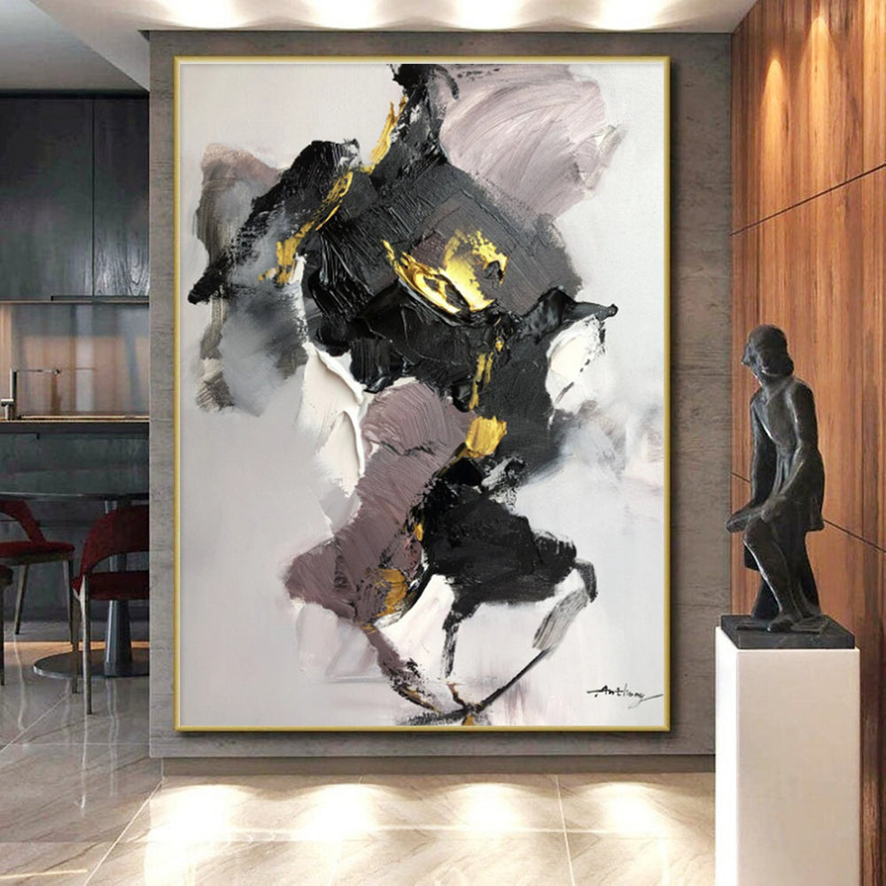Modern Art Acrylic Black Gold Gray Abstract Textured Art for House PT476