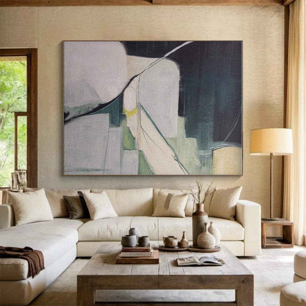 Modern Art Acrylic Dark Teal Beige Geometric Abstract Art for House PT492