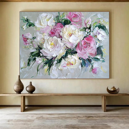 Hand-Painted Pink and White Peony Floral Textured Oil Painting HPS321