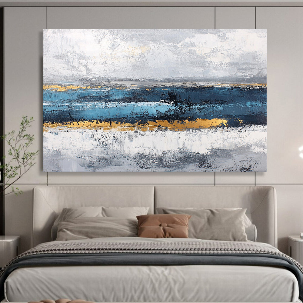 Acrylic Modern Art Paintings Blue, Gray, Gold & White Textured Landscape Abstract Painting HPS265