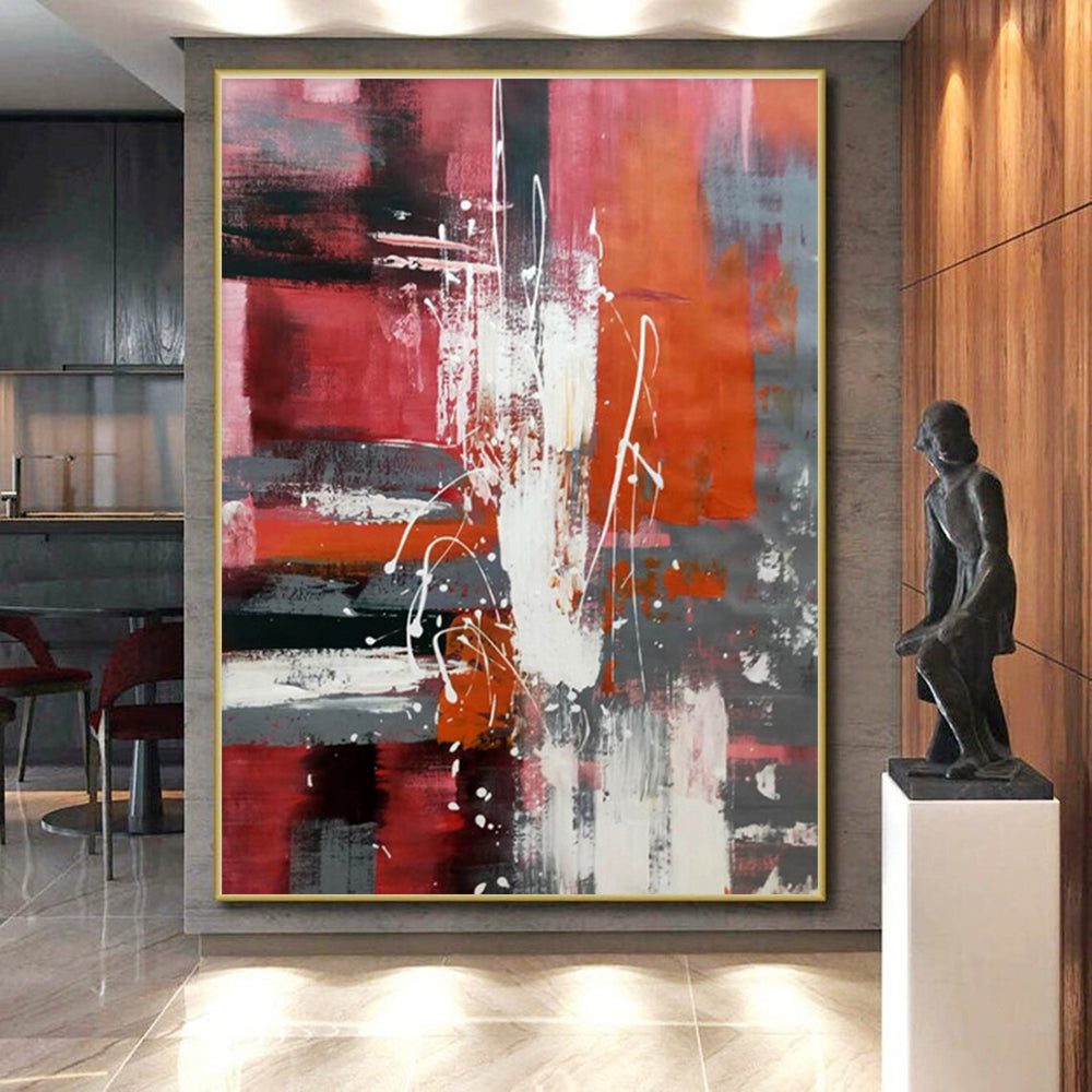 Large Painting In Living Room Red Orange Gray Textured Abstract Art PT400