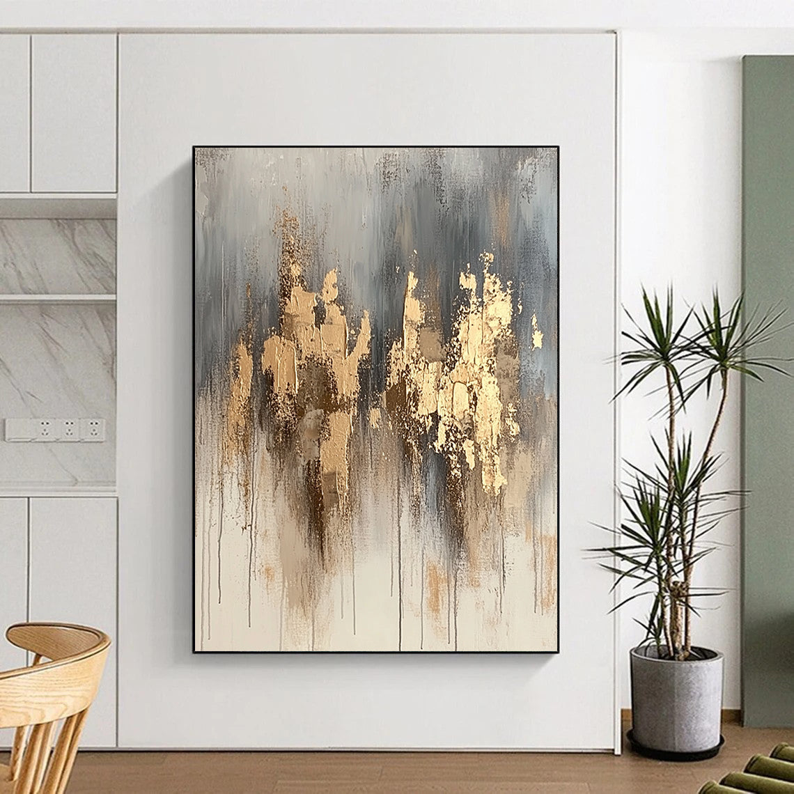 Large Abstract Painting For Living Room, Gold Gray Beige Abstract Textured Art PT170