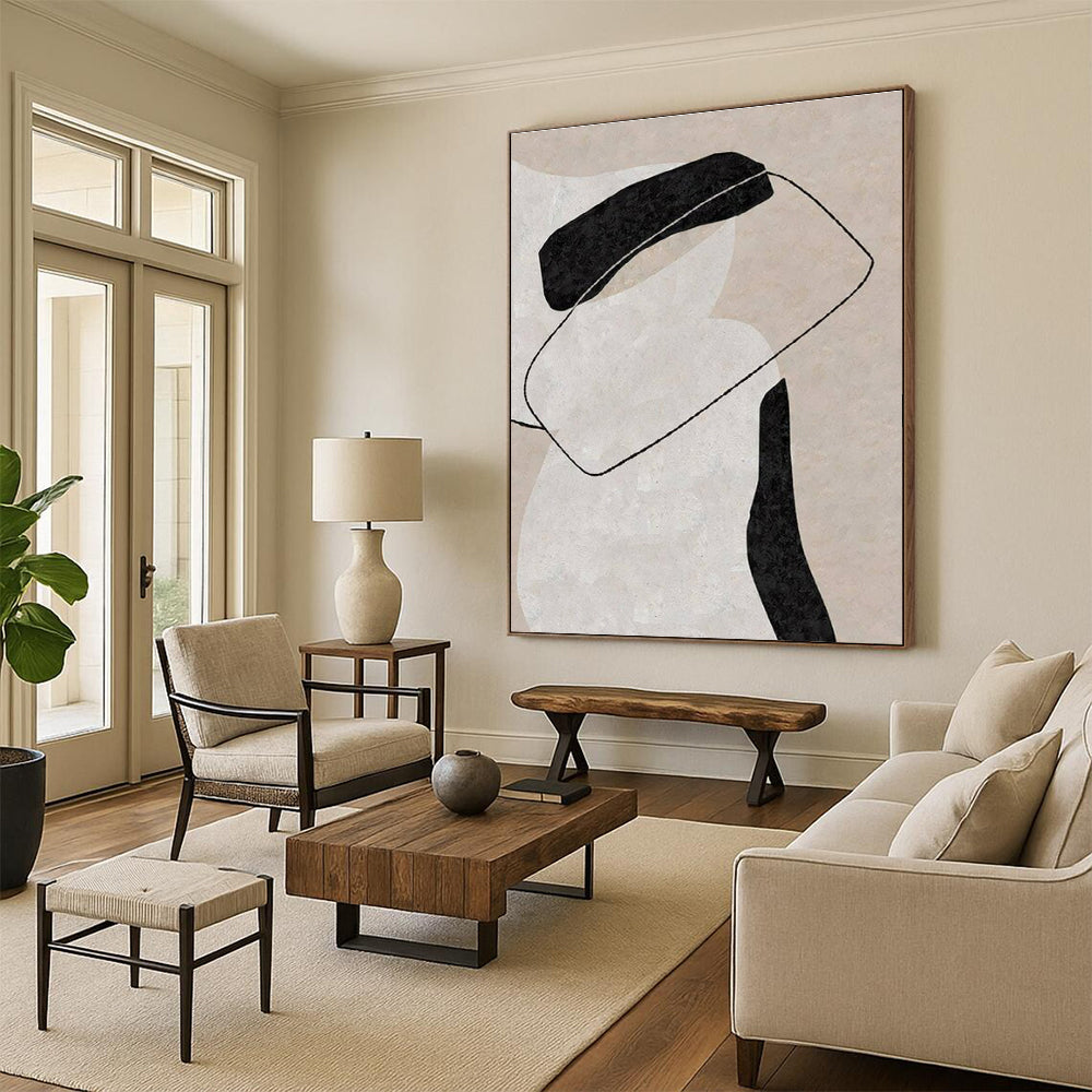 Minimalist Canvas Art Black, Beige, and White Organic Abstract Art PT701