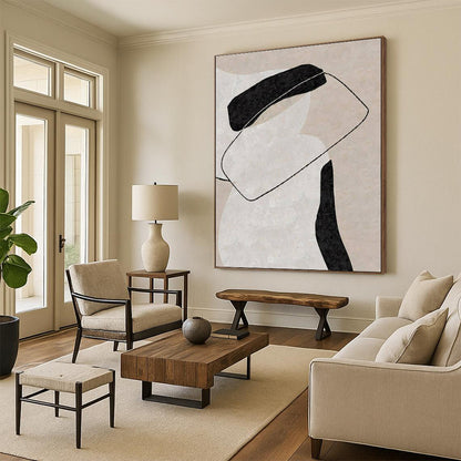 Minimalist Canvas Art Black, Beige, and White Organic Abstract Art PT701