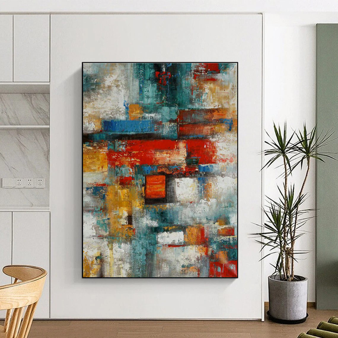 Hand Painting Red, Teal, and Yellow Geometric Abstract Art PT771