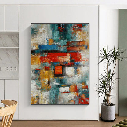 Hand Painting Red, Teal, and Yellow Geometric Abstract Art PT771