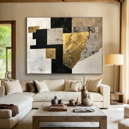 Large Contemporary Wall Art Black, White, and Gold Textured Abstract Geometric Art HPS396