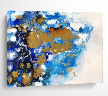 Acrylic Modern Art Paintings Blue, Gold & White Fluid Abstract On Canvas HPS058