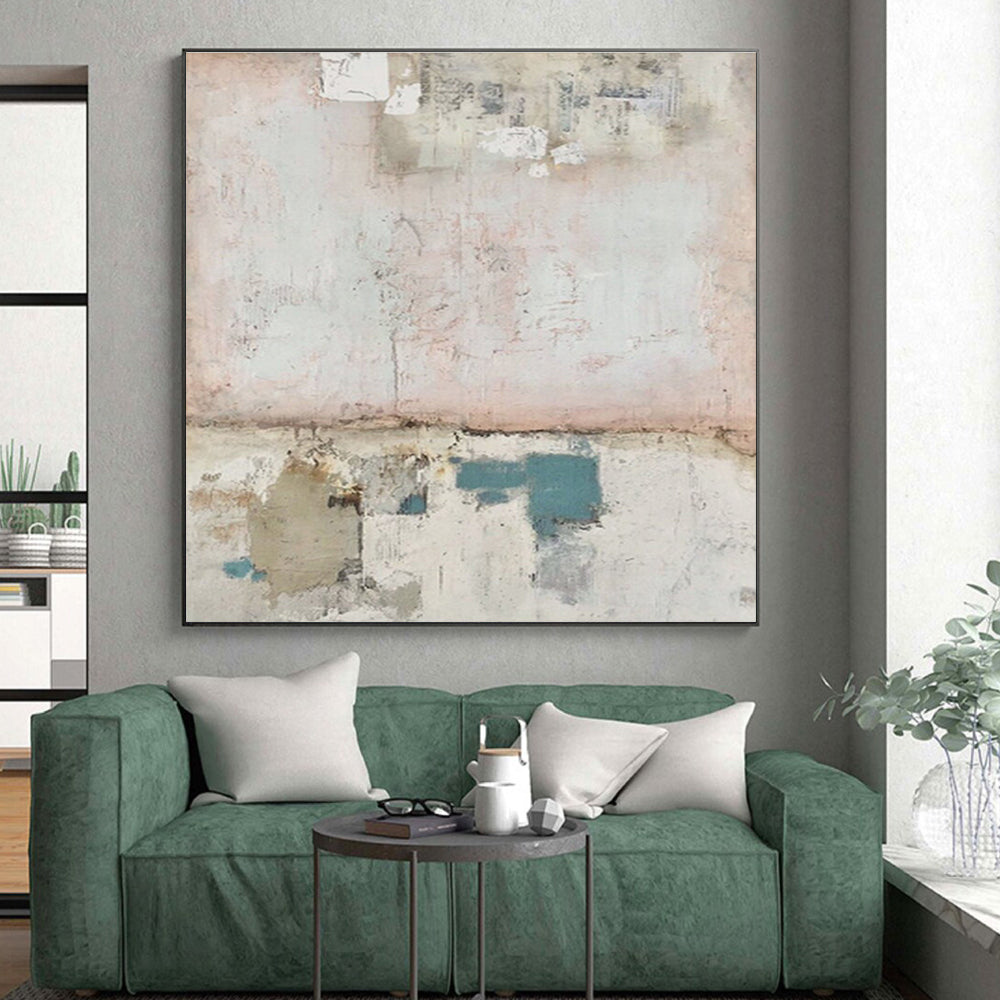 Cool Abstract Paintings in Pink, Beige, Blue, and Gray Textured Design, Hand-Painted Acrylic Art PT307