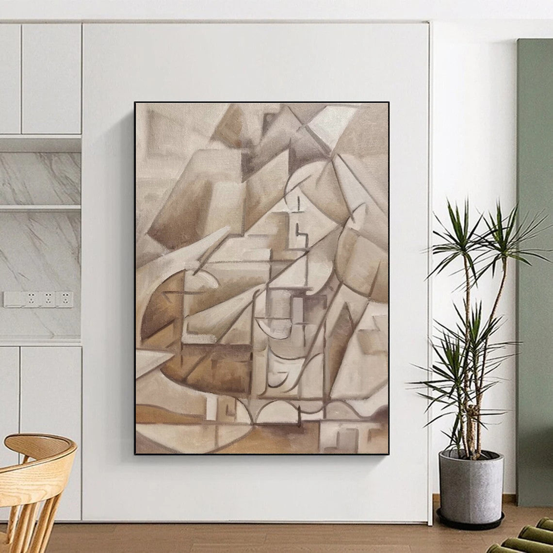 Large Contemporary Wall Art Beige Brown Cubist Abstract Acrylic Creation PT438