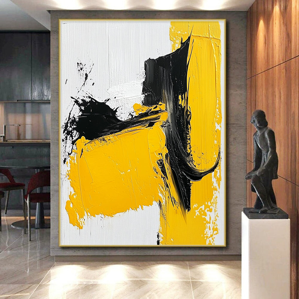 Large Abstract Painting For Living Room, Yellow Black White Abstract Expressionist Art PT140
