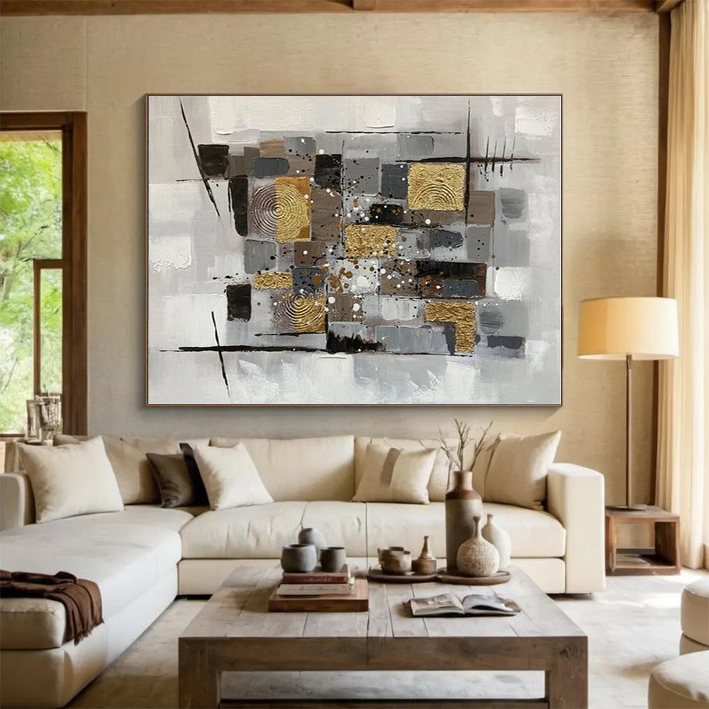 Hand-Painted Gray, Gold & Black Geometric Abstract Painting On Canvas HPS091