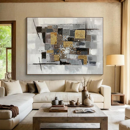 Hand-Painted Gray, Gold & Black Geometric Abstract Painting On Canvas HPS091
