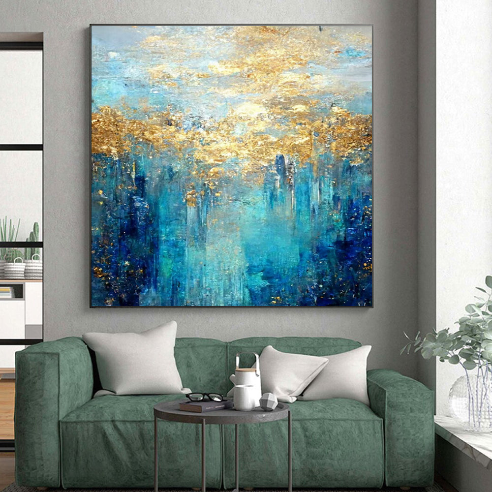 Oversized Abstract Wall Art Teal, Gold, and Blue Abstract Art PT658