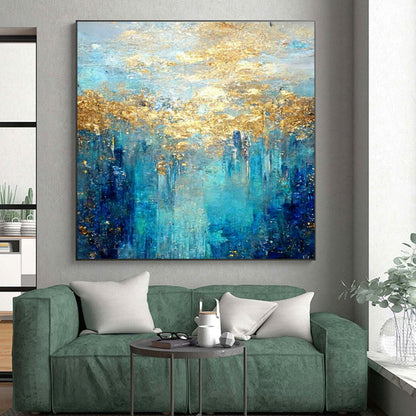 Oversized Abstract Wall Art Teal, Gold, and Blue Abstract Art PT658