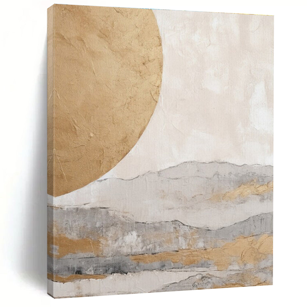 Hand-Painted Beige & Gray Abstract Landscape with Golden Circle, Acrylic Modern Art Painting DPS486