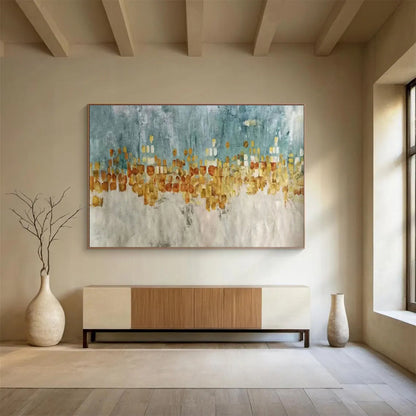 Oversized Abstract Wall Art Teal, Gold, and Beige Abstract Cityscape Art HPS367