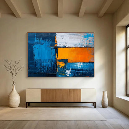 Unique Abstract Art Blue, Orange & White Geometric Abstract On Canvas HPS068