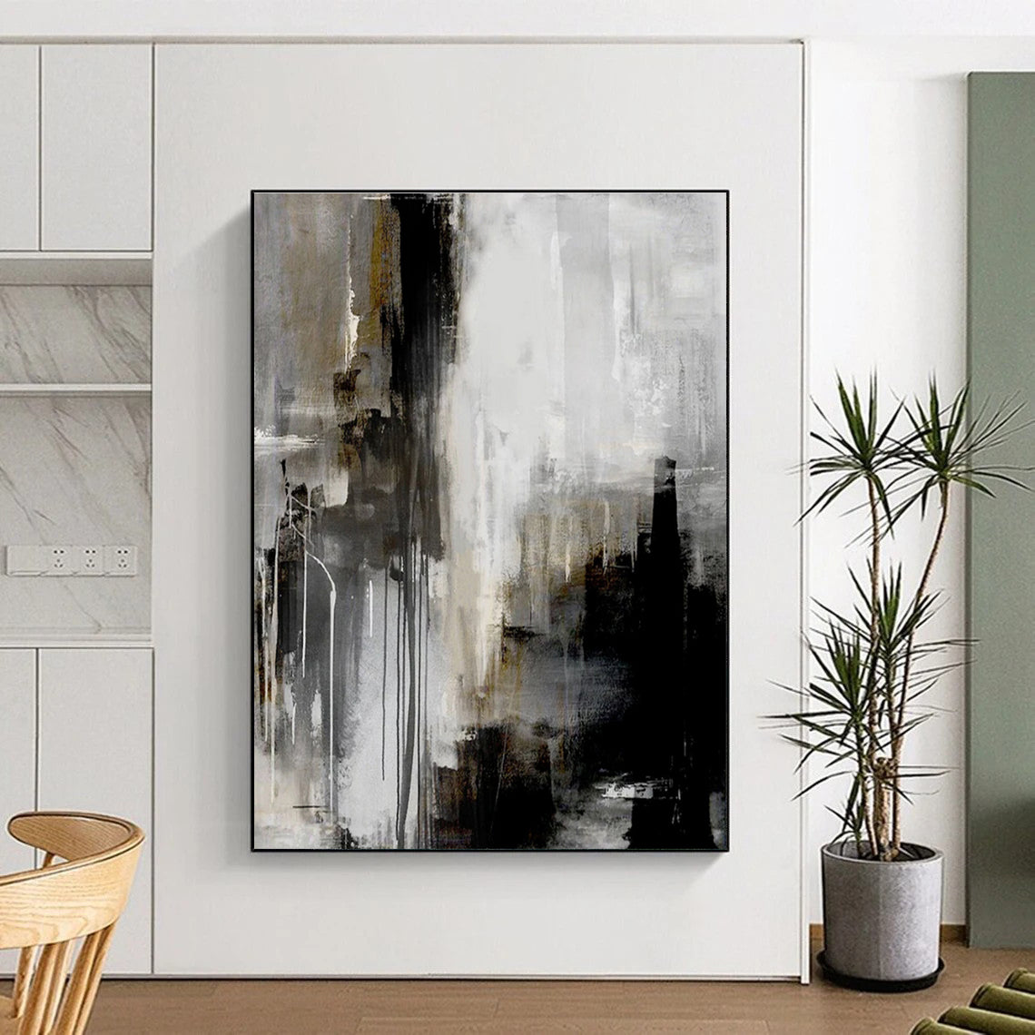 Hand Painting Black, Gray, and White Textured Abstract Art PT708